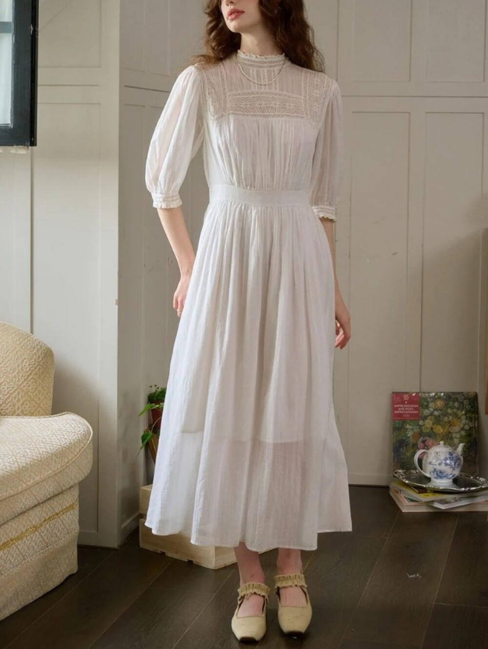 NWT Simple Retro White Averie Lace Panel Midi Dress Size Small